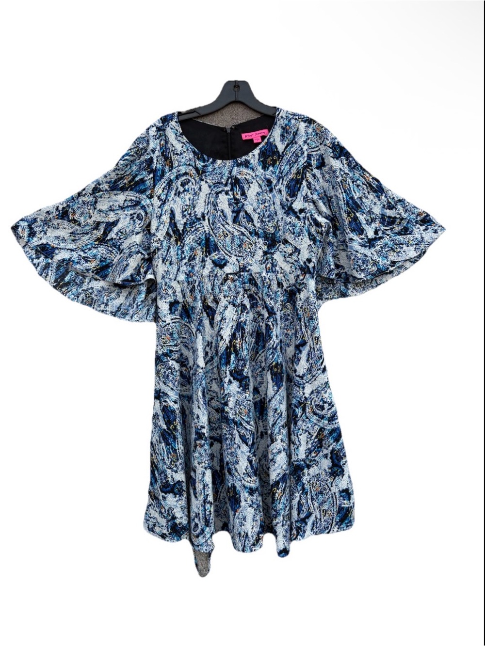 Betsey Johnson Size 8 Dress Fit & Flare Blue Paisley Flutter Sleeves Boho Artsy
